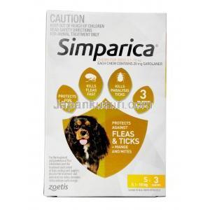 シンパリカ チュアブル犬用(オレンジ味), サロラナー　10mg,小型犬用 5.1-10kg 20mg 3錠（チュワブル錠） 出荷元：Zoetis,箱表面